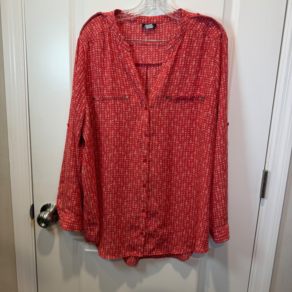Simply Emma Women Blouse Red Geometric Roll Tab Sleeve Button Up Size 2X